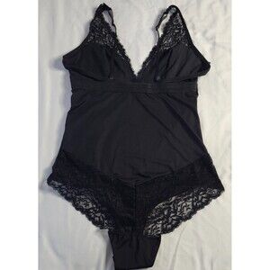 Nicole Miller Black Lace Bodysuit L NWOT Floral Teddy Deep V Neck Snap Coquette